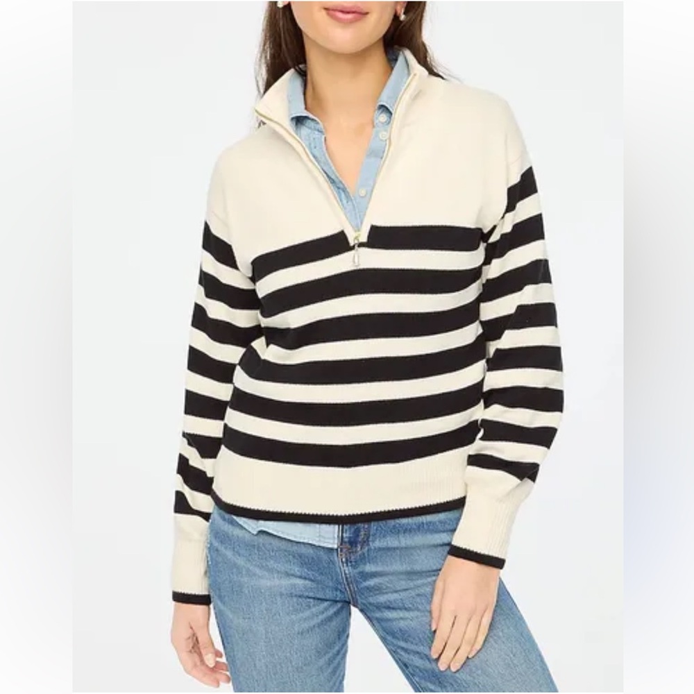 J.Crew Factory Cotton Rugby Stripe 1/4 Zip Sweater Medium Black White Coastal